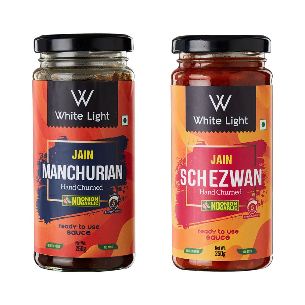 White Light Food Jain Machurian Sauce and Jain Schezwan Sauce l Vegan and Natural Ingredients l Ready to Eat Healthy Food (Combo Pack of 2, 250g Each)