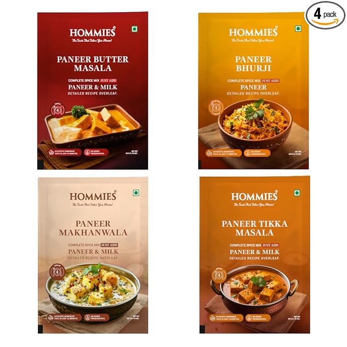 Hommies Dhaba Style Paneer Curry Spice Mix Combo (4 Varieties) | Butter Masala, Makhanwala, Tikka Masala & Bhurji | Ready to Cook in 15 Mins | Just Add Paneer & Milk | Shahi Curry with Cashew Nuts | No Preservatives | Pack of 4 (50g Each, Total 200g)