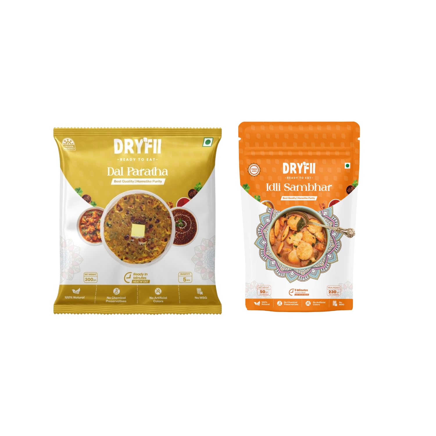 Dryfii Ready-to-Eat Dal Paratha (5 Pcs Parathas) with Jain Idli & Sambar | No Onion No Garlic Veg Combo Meal | Pure Vegetarian