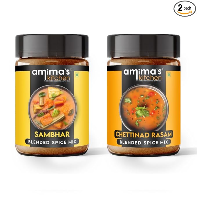 Amima's Kitchen Sambhar + Chettinad Rasam Masala Powder Combo | Jain Spice Mix (No Onion No Garlic) – 100 Grams (Pack of 2) | Blended Masala Powder | For Healthy and Delicious Cooking | Ready Masala Powder