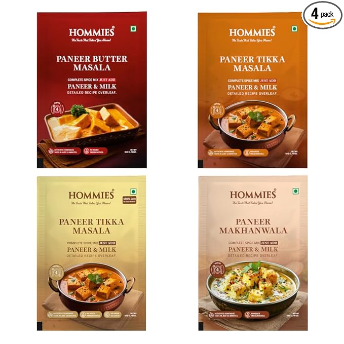 Hommies Dhaba Style Paneer Curry Spice Mix Combo (4 Varieties) | Butter Masala, Makhanwala, Tikka Masala & Tikka Masala Jain | Ready to Cook in 15 Mins | Just Add Paneer & Milk | Shahi Curry with Cashew Nuts | No Preservatives | Pack of 4 (50g Each, Total 200g) (Combo of 4-2)