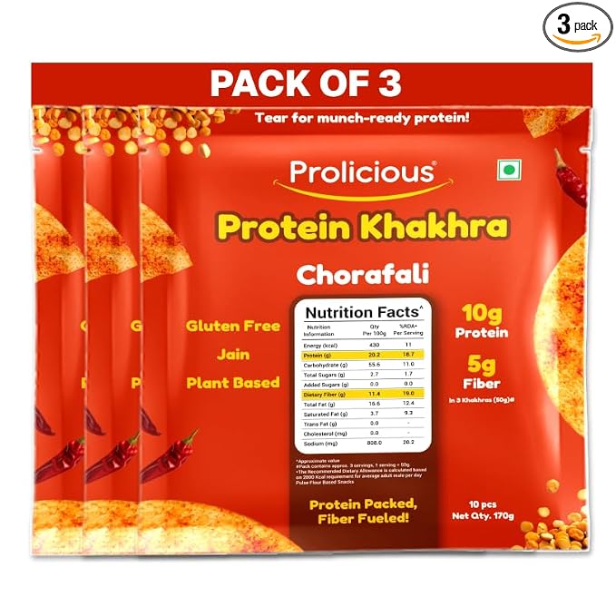 Prolicious Khakhra Chorafali High Protein Khakhra | Upgrade Your Snacking | 10g Protein + 5g Fibre | Same Crunch, Snack Smarter | Plant Based, Jain | No Palm Oil | 170g (Pack of 3)