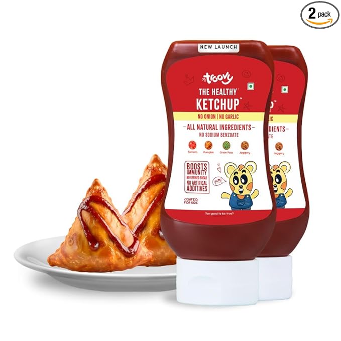 Troovy Healthy Tomato Ketchup | No Onion and No Garlic | No Processed Sugar (uses Jaggery) | 100% Chemical Free | No Preservatives | No MSG | No Sodium Benzoate | All Natural Ingredients | Contains Minerals like Iron | Tastes like Regular Tomato Ketchup | Pack of 2