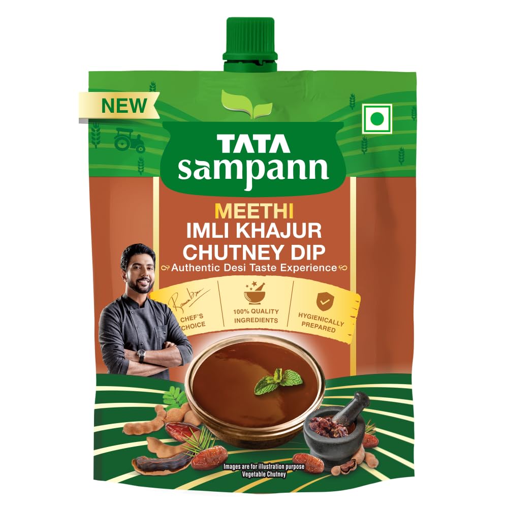 Tata Sampann Meethi Imli Khajur Chutney Dip, Made with Tamarind & Dates, Sweet & Tangy Flavour, Ready to eat, Pairs Well with Chaats & Snacks, Quality Ingredients, Hygienically Prepared, 200 g