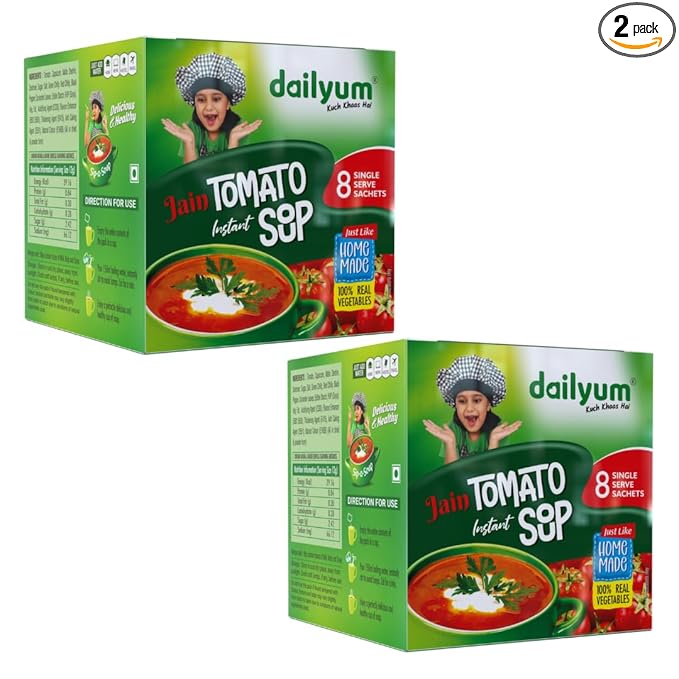 Dailyum Jain Instant Tomato Soup| 8 Single Serve Sachets | Just Boil-Stir-Sip | 12g Each Sip-A-Soup| Natural | No MSG | Pack of 2 Box | Travel friendly