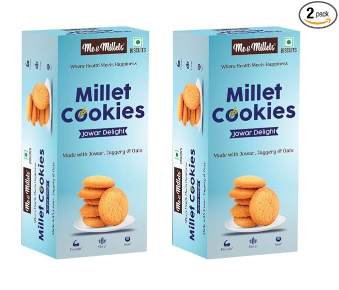 ME & MILLETS Jowar Delight Cookies (75g X 2) Delicious Millets Biscuits, Rich In Fiber & Protein, Healthy Tea Snack With Tasty Jaggery (Jain Friendly)
