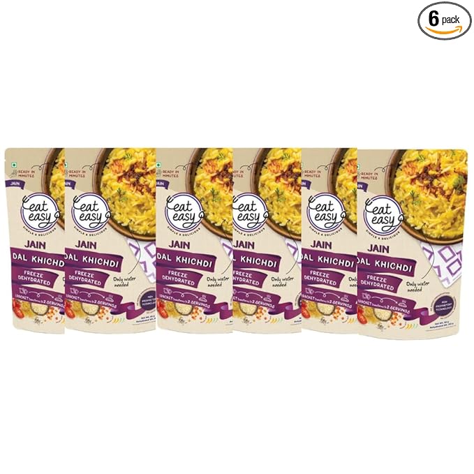 Eat Easy Ready To Eat Jain Dal Khichdi, 92gm (Pack of 6) | Light on Stomach High Protein & Fiber, Freeze Dehydrated Healthy Instant Food for Travel, Office | No Preservatives | No Onion, No Garlic | Just Add Water and Cook