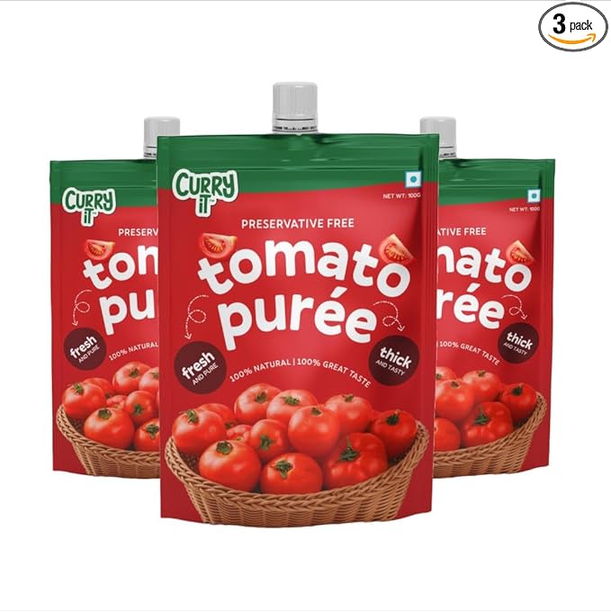 CURRYiT Tomato Puree | Made With 100% Fresh Hand Picked Tomatoes | No onion & Garlic | Tomato Paste For Cooking Pasta & Curries | No Added Preservatives or Colors | Pure & Natural (100g x 3) 300g
