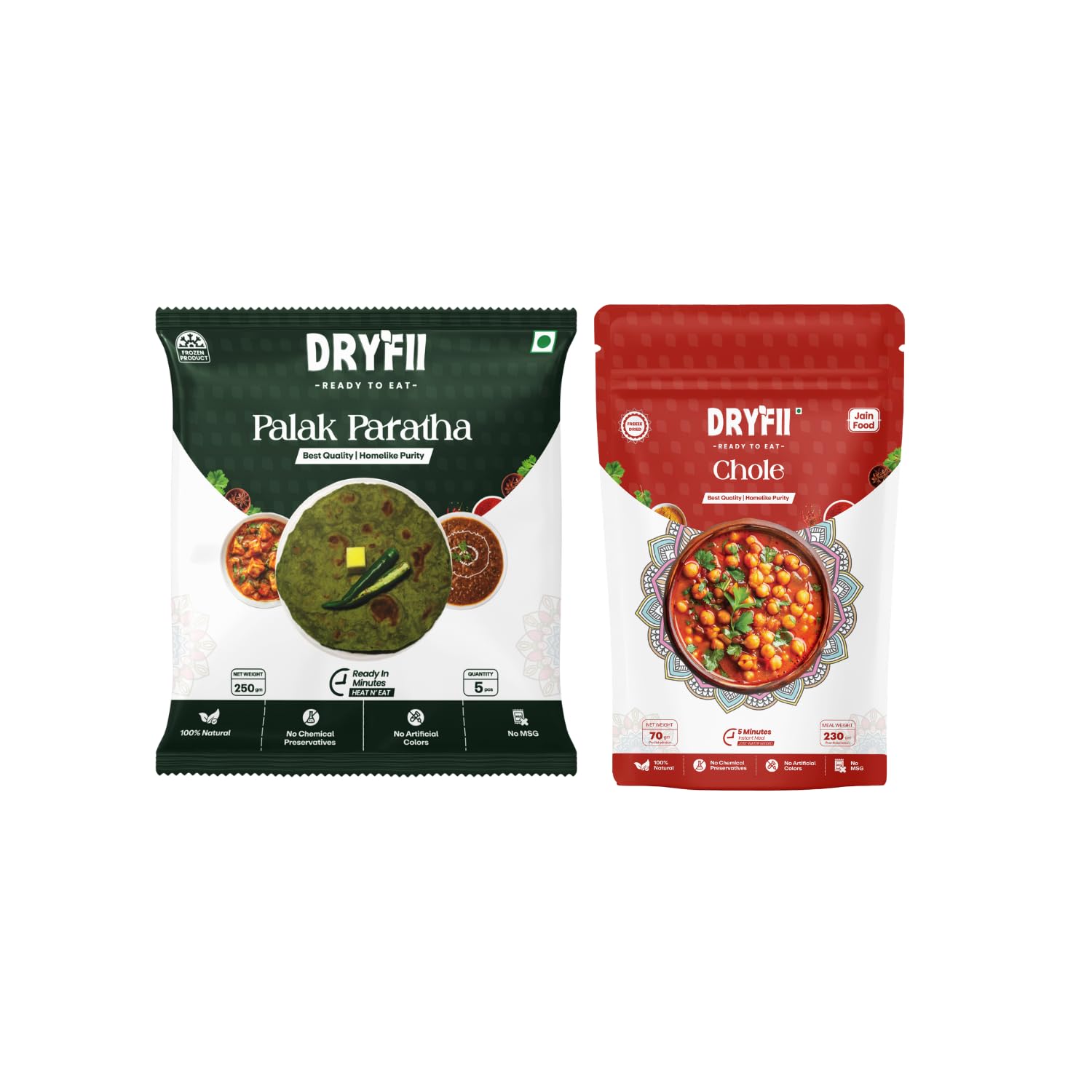 Dryfii Ready-to-Eat Palak Paratha (5 Pcs | 1 Pack) with Jain Chole | No Onion No Garlic Veg Meal | Pure Vegetarian