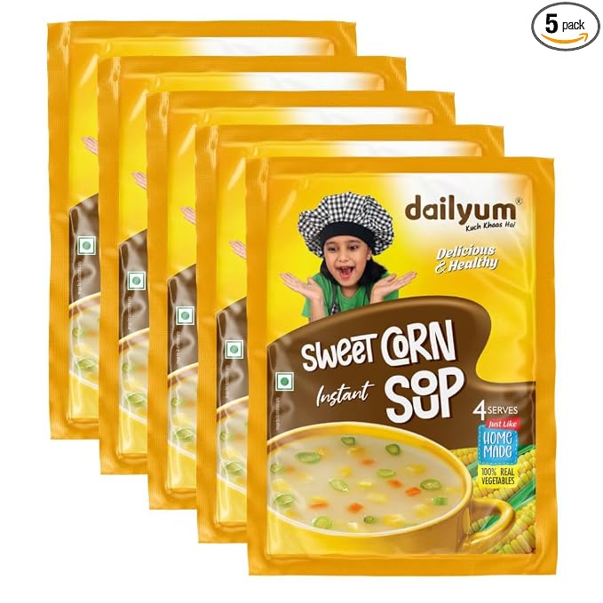 Dailyum Instant Sweet Corn Soup | Pack of 5 | Ready To cook Instant Soup |100% Natural | No MSG | No Chemical Preservatives | No artificial Flavours | Each 50g pack Serves 4