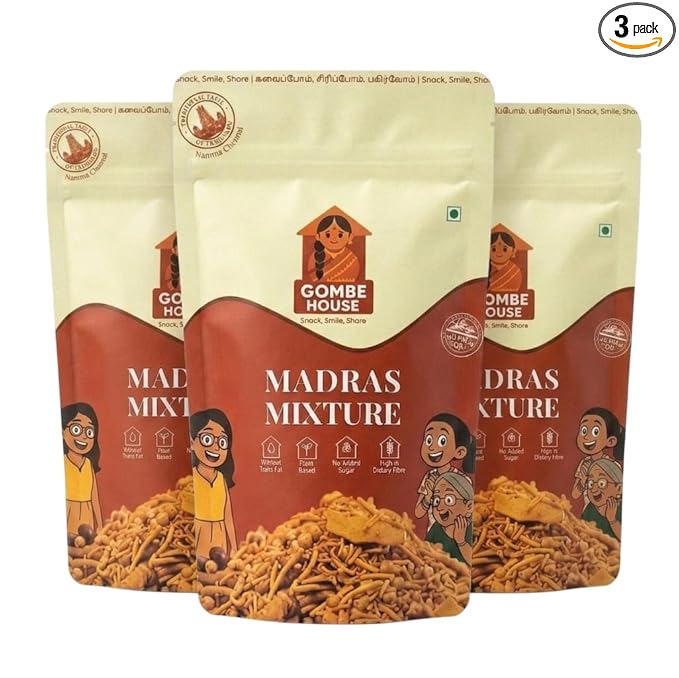 Gombe House Madras Mixture 120g Each (Pack of 3, 360g Total) Authentic South Indian Namkeen Crispy Crunchy Tea Time Snack No Palm Oil or Preservatives Vegan Homemade Style Savory