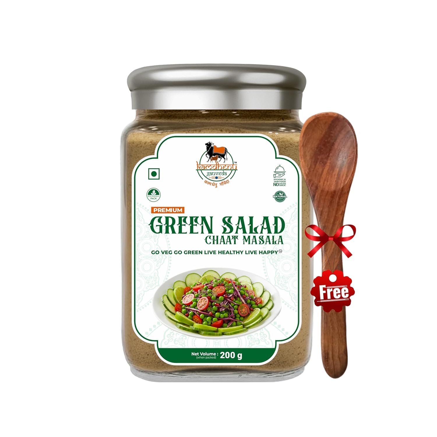 Satvik Sanatani Sawaminaryan, Jain, Vegan Tangy Street-Style ChatPata Spice Masala | Blend Natural Ingredients Cumin, Coriander, Pudina, Pink & Black Salt | No Preservatives | FSSAI Certified | No Onion No Garlic | Pack In Premium Organic Glass Jar With Steel Cap (200g, Green Vegetable Salad Chaat Masala)