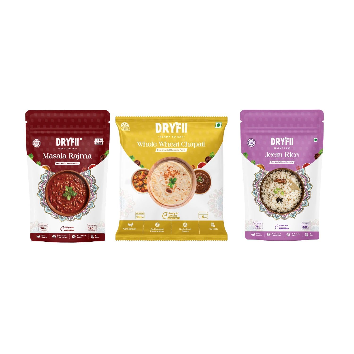 Dryfii Ready-to-Eat Chapati with Jain Rajma & Rice | Satvik Pure Combo Meal | No Onion No Garlic | Healthy Jain Indian Food Pack