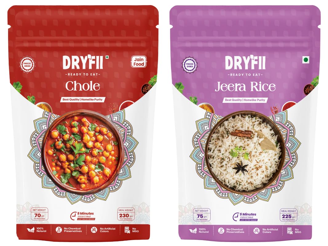 Dryfii Freeze Dried Jain Chole and Jeera Rice | Ready-to-Eat-Food | Instant Meal | Rehydrated Weight 455 g