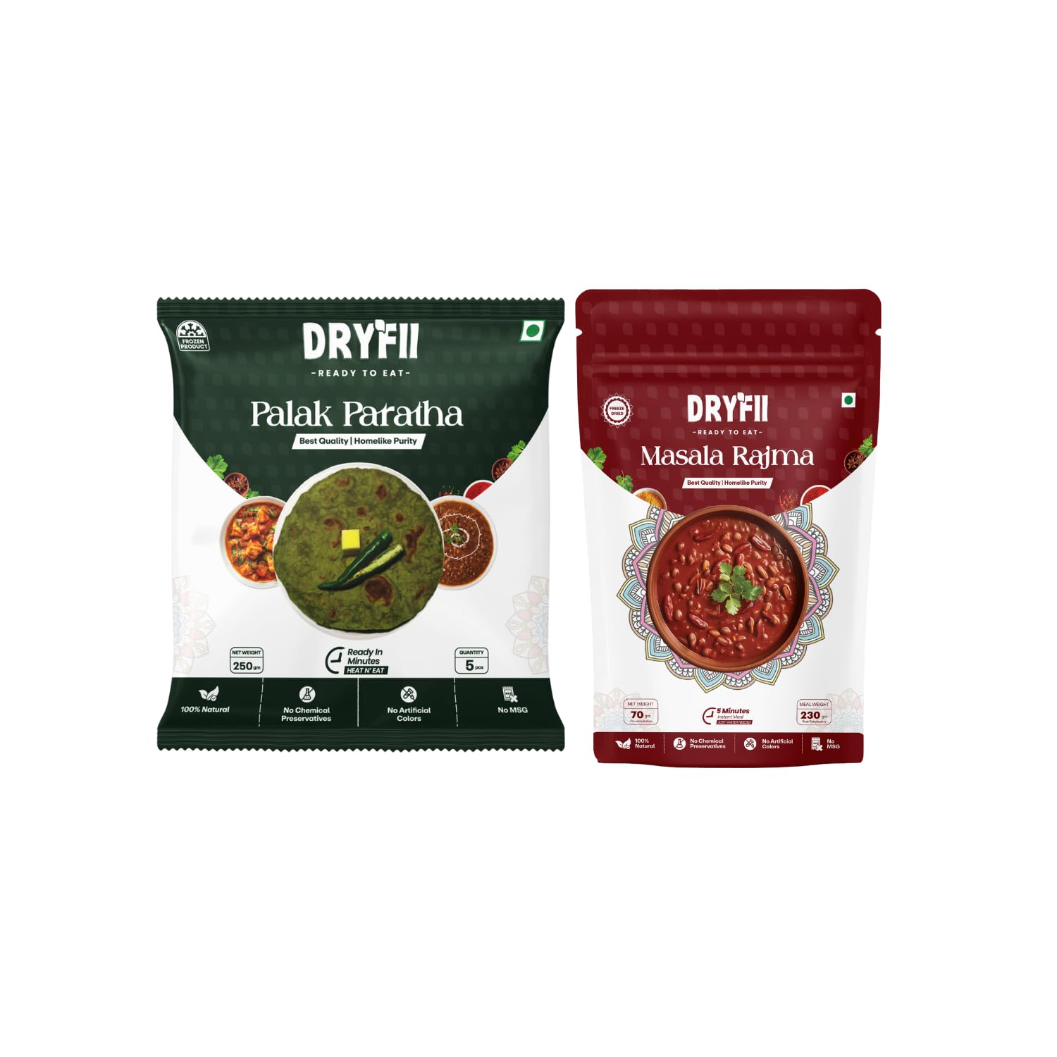 Dryfii Ready-to-Eat Palak Paratha (5 Pcs | 1 Pack) with Jain Rajma | Wholesome Veg Meal | Pure Vegetarian