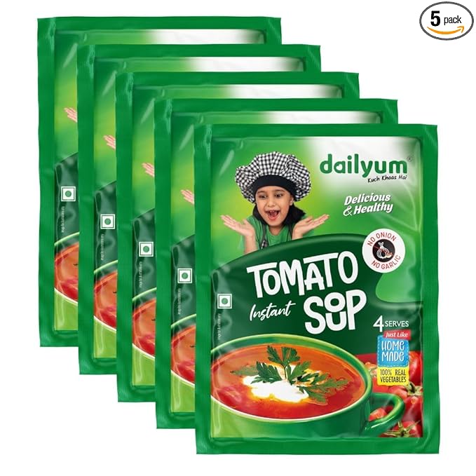 Dailyum Instant Tomato Soup 50g | No Onion No Garlic | Ready To Eat Instant Soup |100% Natural | No MSG | Gluten-free | Serves 4 | Jain | Pack of 5