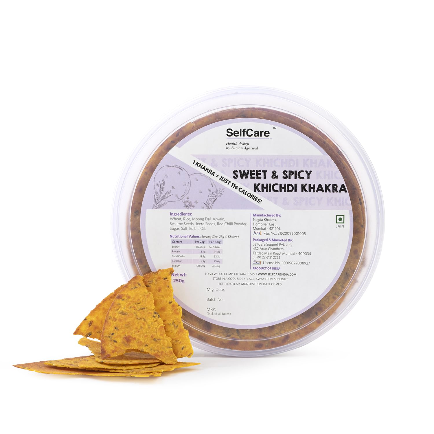 SelfCare By Suman Agarwal Sweet & Spicy Khichdi Khakhra Pack of 1 250g | Roasted-Healthy-Snacks-Crackers-Namkeen-Grocery | Crispy & Chatpata - Tae time - Eat with Dip | Jain & Travel Friendly