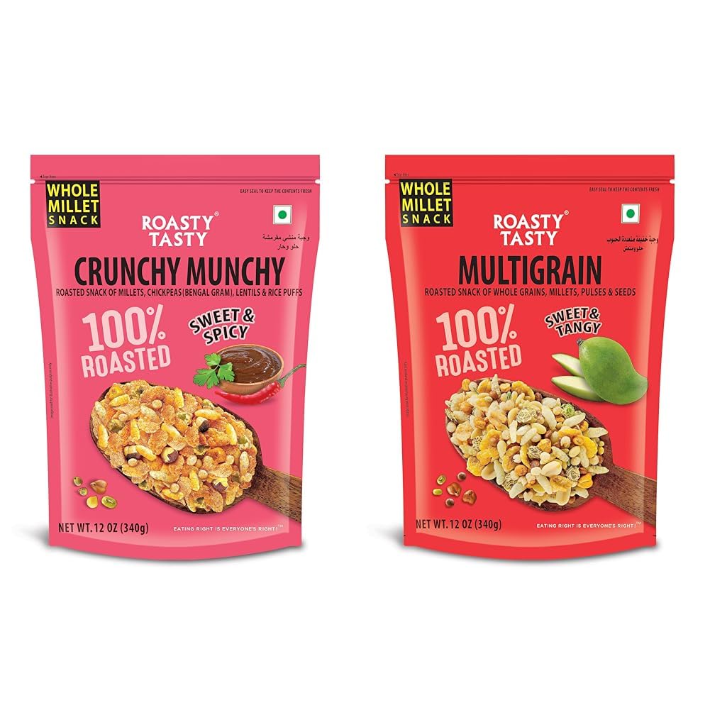 Roasty Tasty Crunchy Munchy 340G|Healthy Snack|No Onion No Garlic|Ideal Millet Namkeen For Kids + Roasty Tasty Multigrain Diet Mixture - Palm Oil Free for Kids - Millet Namkeen - Healthy Snacks