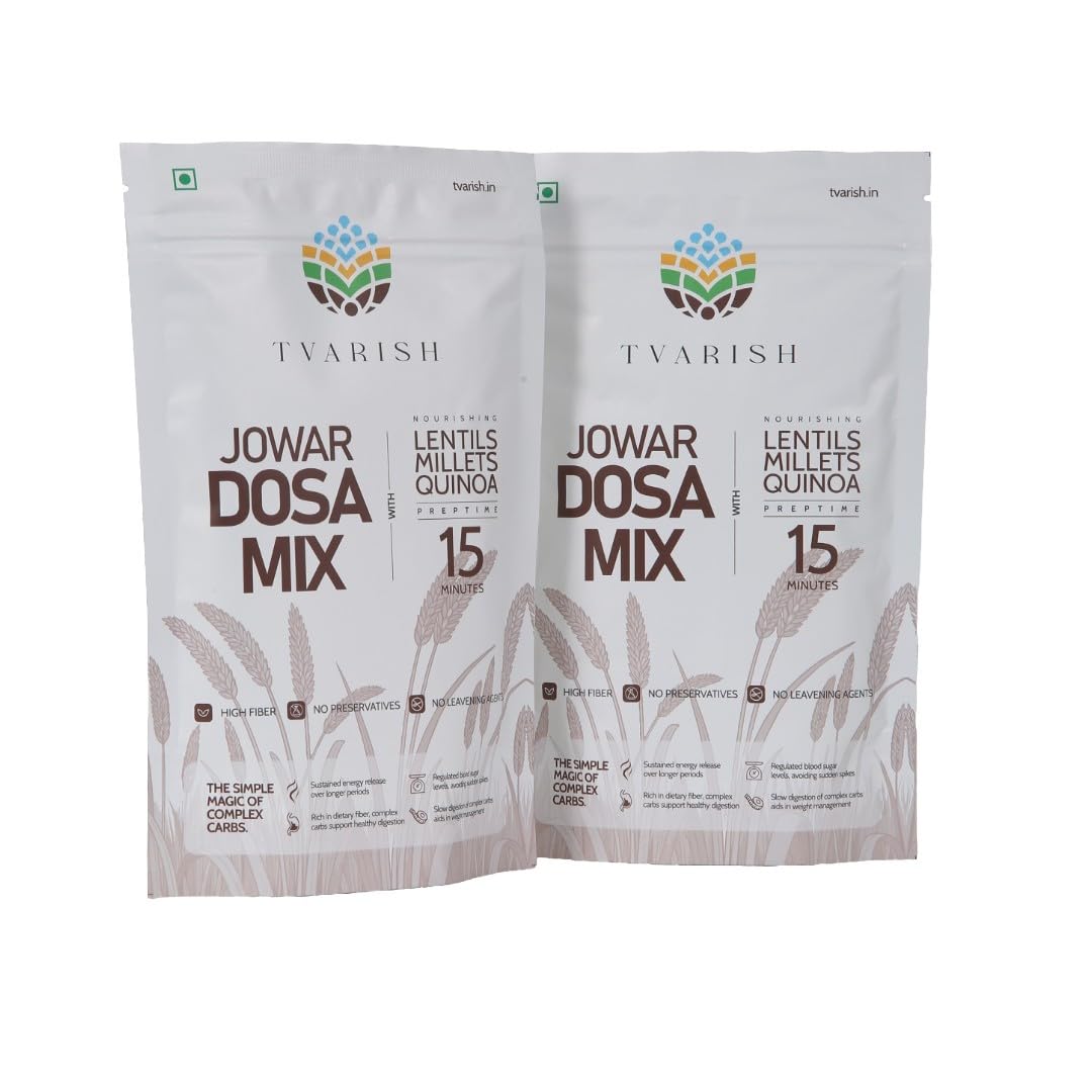 Tvarish Instant Jowar Dosa Mixes (2 * 200g) | Millet, Lentil & Quinoa based | Gluten Free | No Maida, No Preservatives, No Rice, No Baking Soda | Healthy South Indian Breakfast