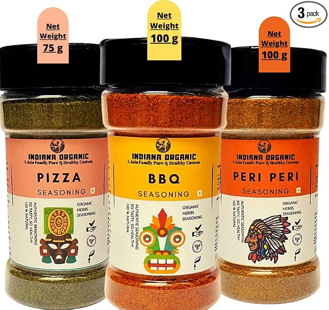Indiana organic bbq | peri peri | pizza seasoning - combo of 3 Jain seasoning. No onion and garlic.