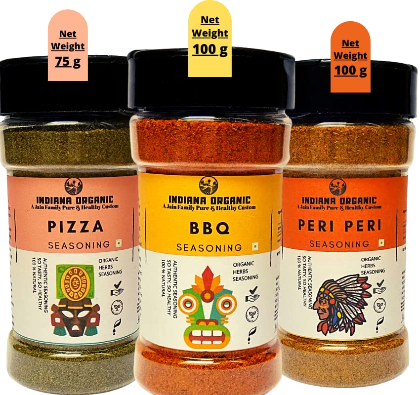 Indiana organic bbq | peri peri | pizza seasoning - combo of 3 Jain seasoning. No onion and garlic.