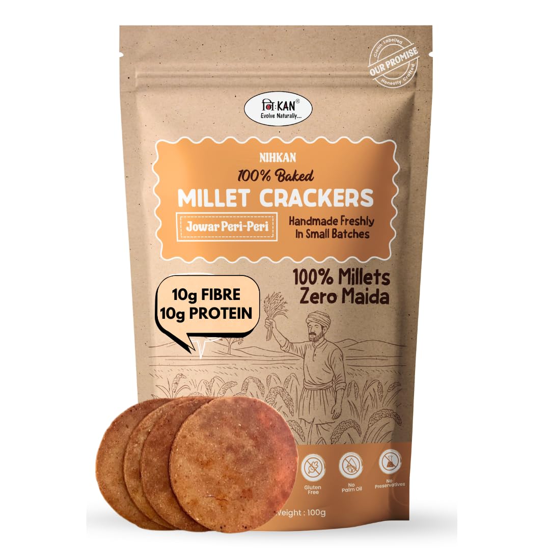 NIHKAN Jowar Millet Crackers - Gluten free | No Maida | High protein | High Fibre - Handmade & baked chai time guilt free snacks - Healthy Millet Snack - No Preservatives & No Baking soda - 100g each (Jowar Peri-Peri Flavour)
