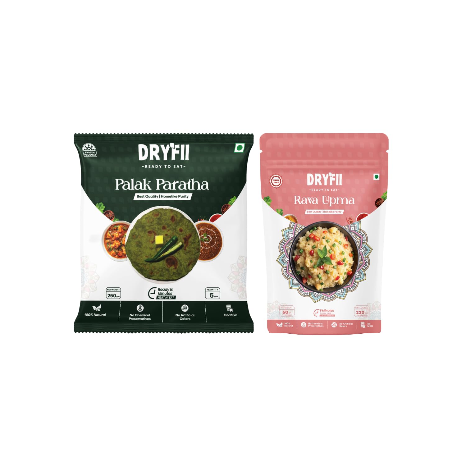 Dryfii Ready-to-Eat Palak Paratha (5 Pcs | 1 Pack) with Jain Upma | Light Healthy Breakfast Meal | Pure Vegetarian