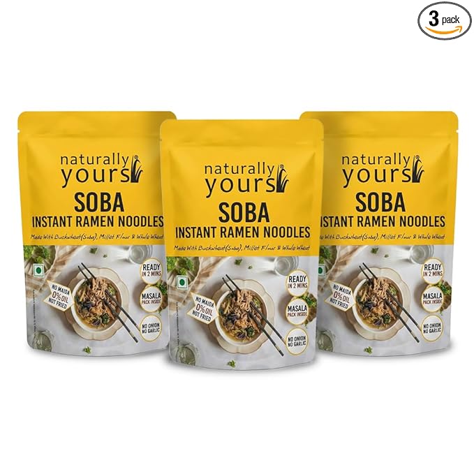 Naturally Yours Soba Instant Ramen Noodles | Buckwheat, Millet & Whole Wheat | High Protein & Fiber | No Maida, No MSG, Not Fried | No Onion No Garlic, Jain Friendly | Ready in 2 Minutes | 175g Pack 3