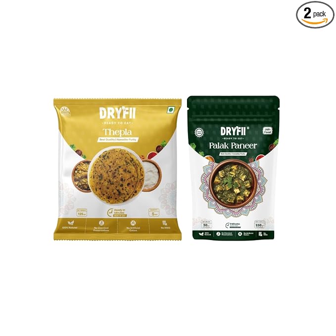 Dryfii Ready to Eat Thepla (5 Pieces, 1 Pack) & Jain Palak Paneer Combo | Freeze Dried | No Onion No Garlic