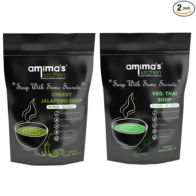 Amima's Kitchen Combo Of Cheesy Jalapeno + Veg. Thai Jain Soup (No Onion No Garlic) - 100 Grams (Pack of 2) | Instant Soup Mix Powder | Ready To Cook | No Artificial Flavour & Colour | Gluten Free | Non GMO | Healthy Soup