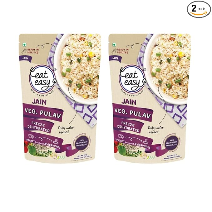 Eat Easy Ready To Eat Jain Veg Pulav- 95gm (Pack of 2) | Freeze Dried, Lightweight, No Moisture, Expands After Adding Hot Water, Instant Pulao/ Vegetable Rice for Travel, Camping & Trekking, Train/Flight, Quick Lunch Dinner