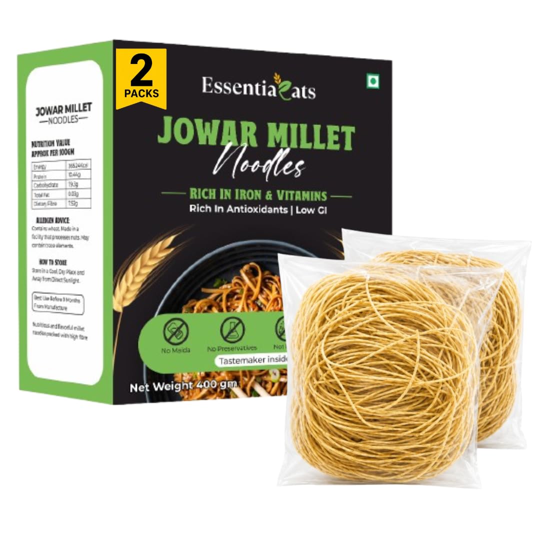 Essentiaeats Jowar Millet Noodles Includes Tastemaker 400g Pack of 2, No Maida Not Fried No Preservatives No MSG Healthy Hakka Noodles Ready to Cook