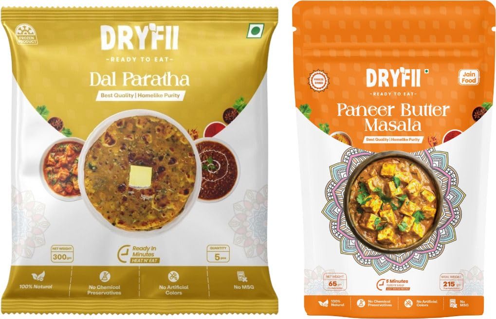 Dryfii Ready-to-Eat Dal Paratha (5 Pcs Parathas) with Jain Paneer Butter Masala | Veg Combo Meal | Pure Vegetarian