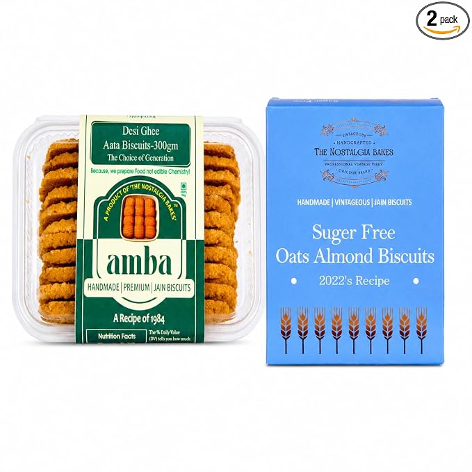 Amba Combo Pack | Desi Ghee Atta Biscuits & Sugar Free Oats Almond Biscuits | Handmade Premium Jain Cookies | Healthy Tea Time Snack | Crunchy Bakery Cookies Combo Pack