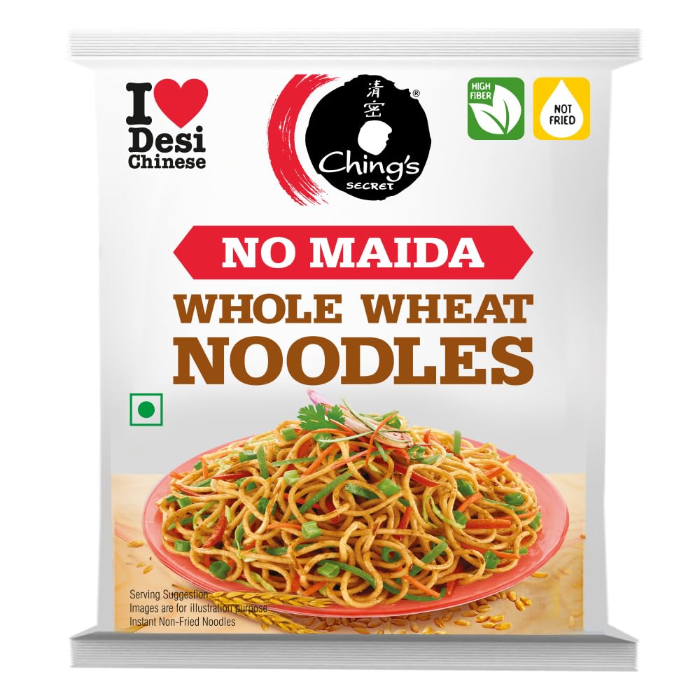 Ching’s Secret Whole Wheat Noodles 280g, No Maida, Air Dried/Not Fried, No Palm Oil, No MSG, High Fiber Atta Noodles (Serves 4)