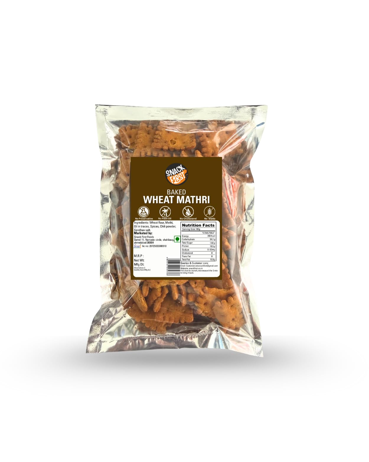 Snack First Baked Methi Mathri/Puri, No Maida, No Preservative, No Palm Oil, Thin Cruchy Crispy Snacks, Pack of 1, 200g