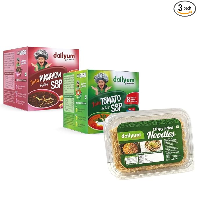 Dailyum Crispy Fried Noodles + Jain Instant Soup Box-Tomato and Manchow| 8 Single Serve Sachets,12g Each| Sip-A-Soup| Natural | No MSG | Pack of 3 Box
