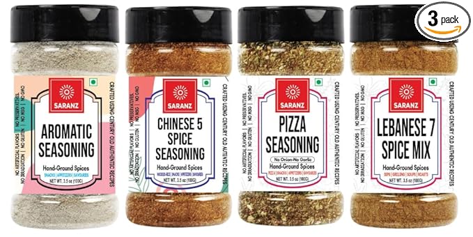 SARANZ Exotic Seasoning Combo (Lebanese 7 Spice, Pizza Mix Jain, Chinese 5 Spice Jain & Aromatic Powder) | Middle Eastern & International Blends | For Snacks, Vegan Dishes, Pizza & Marinades | 4x100g Sprinkler Jars