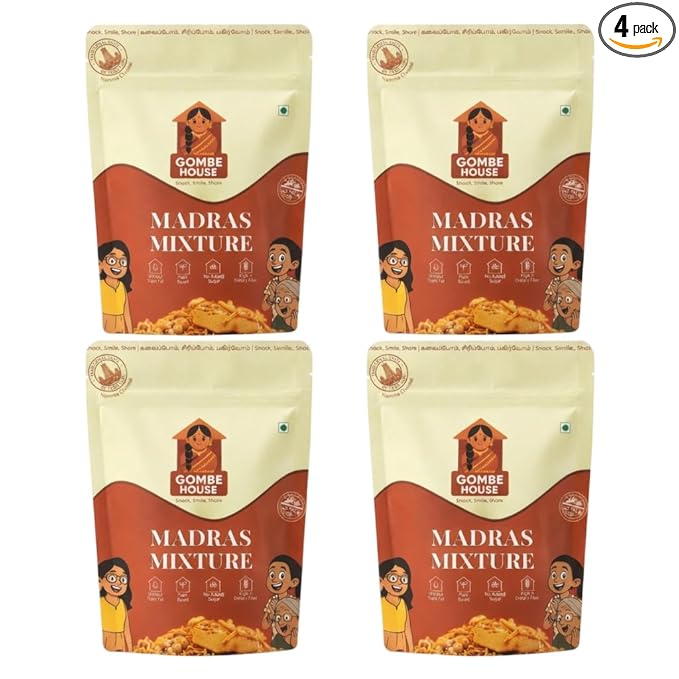 Gombe House Madras Mixture 120g Each (Pack of 4, 480g Total) South Indian Namkeen Snack Crispy & Tasty Tea Time Savory No Palm Oil & No Preservatives Vegan Friendly Traditional Homemade Flavor