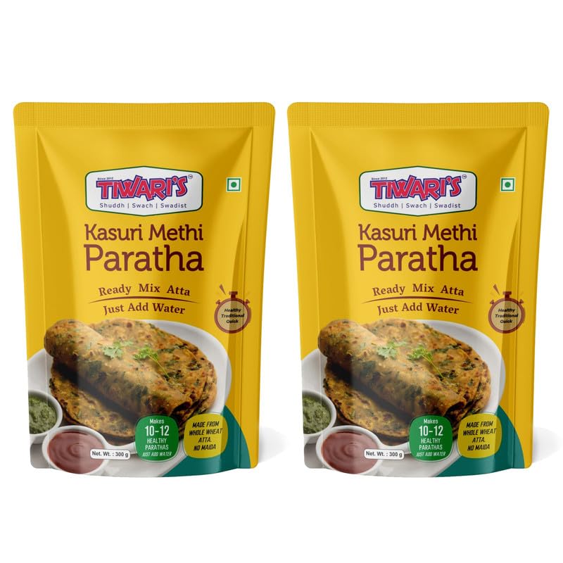 Tiwari’s Kasuri Methi Paratha/Poori Ready-To-Use Atta Mix | 100% Vegetarian Instant Healthy High Protein & Fiber Flatbread Mix With No Preservatives, No Onion & Garlic | 300gm, Pack of 2
