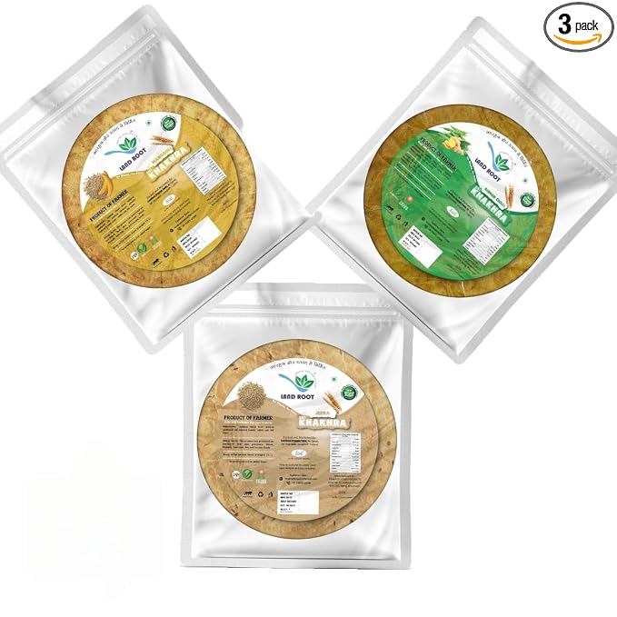 Landroot Organic Assorted Khakhra Pack | 3 Varieties (Jeera, Ginger Chilli, Mangroli) | Zero Maida | Vegan & Jain Friendly | High Fiber Healthy Snack | 180g x 3 Packs