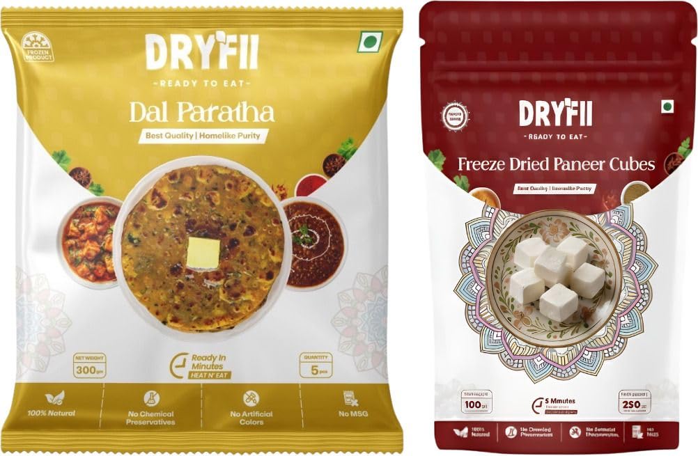 Dryfii Ready-to-Eat Dal Paratha (5 Pcs Parathas) with Paneer Cubes | Protein Veg Combo Meal | Pure Vegetarian
