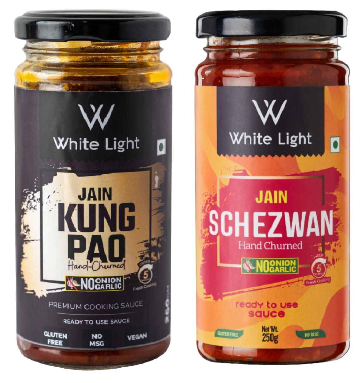 White Light Food Jain Schezwan Sauce and Jain Kung Pao Sauce l Vegan and Natural Ingredients l Ready to Eat Healthy Food (Combo Pack of 2, 250g Each)