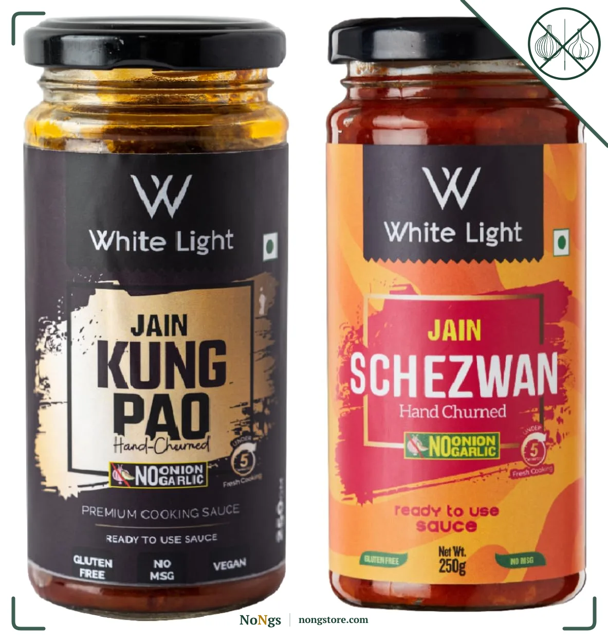 White Light Food Jain Schezwan Sauce and Jain Kung Pao Sauce l Vegan and Natural Ingredients l Ready to Eat Healthy Food (Combo Pack of 2, 250g Each)
