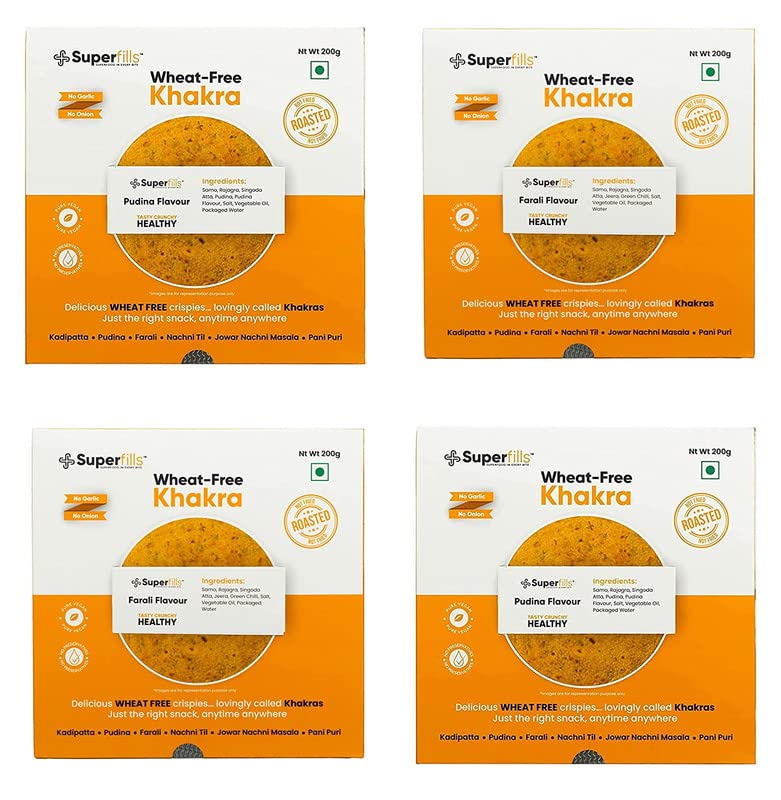 Superfills Wheat - Free Combo of 2 Farali+2 Pudina Flavour Khakra, Healthy Gujrati Crispy Indian Snacks | Ready to Eat | No Garlic & No Onion, 800 G