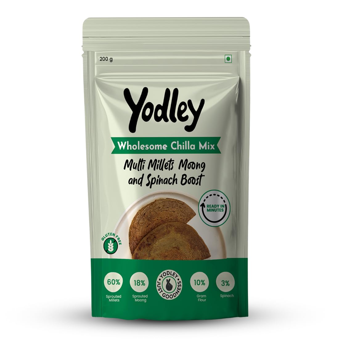 Yodley Multi Millets, Moong & Spinach Boost Wholesome Chilla Mix | High-Protein, Fiber-Rich, Instant Mix | No Preservatives, Healthy Breakfast & Snack (200g, Pack of 1)