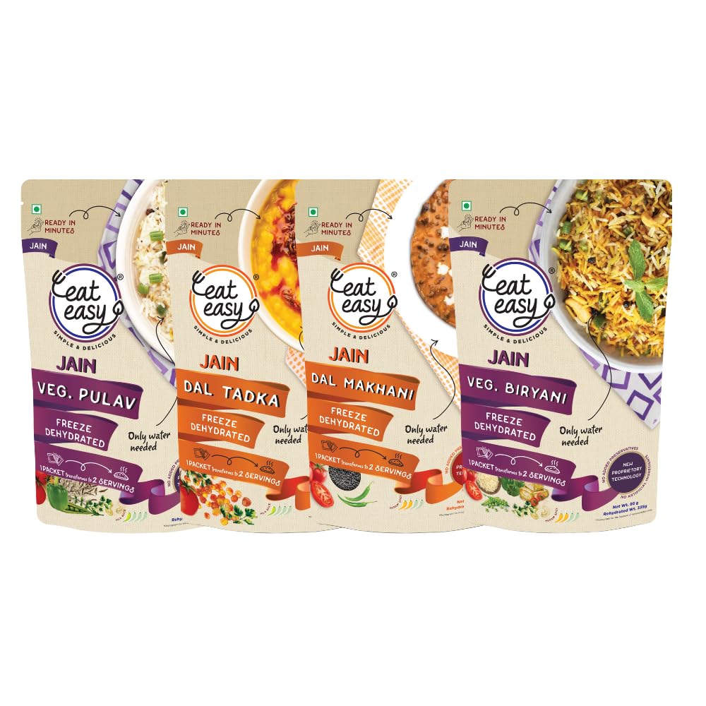 Eat Easy Ready To Eat Jain Dal Rice Combo of 4- Veg Biryani, Veg Pulav, Dal Makhani, Dal Tadka | Just Add Water and Cook | No Onion, No Garlic | Delicious Instant Food | Freeze Dehydrated Healthy Instant Travel, Camping, Trekking, Hostel Food