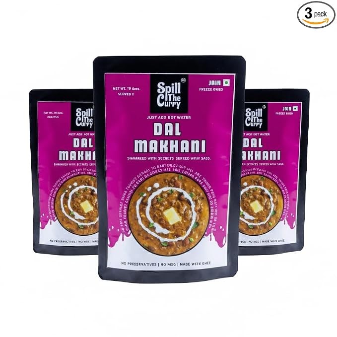 SPILL THE CURRY Dal Makhani Jain Ready to Eat | No Onion No Garlic | Authentic Punjabi Creamy Lentil Curry | Freeze Dried Instant Food | Just Add Hot Water | Vegetarian Meal for Travel & Hostels | Combo Pack of 3 (70g Each)