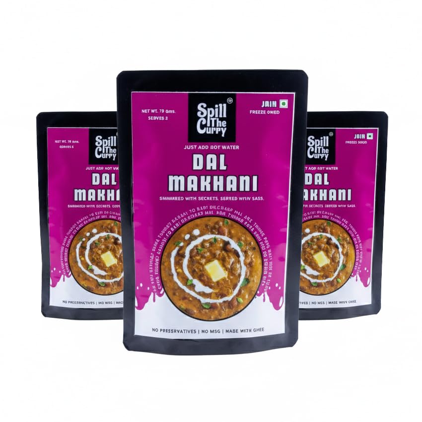 SPILL THE CURRY Dal Makhani Jain Ready to Eat | No Onion No Garlic | Authentic Punjabi Creamy Lentil Curry | Freeze Dried Instant Food | Just Add Hot Water | Vegetarian Meal for Travel & Hostels | Combo Pack of 3 (70g Each)