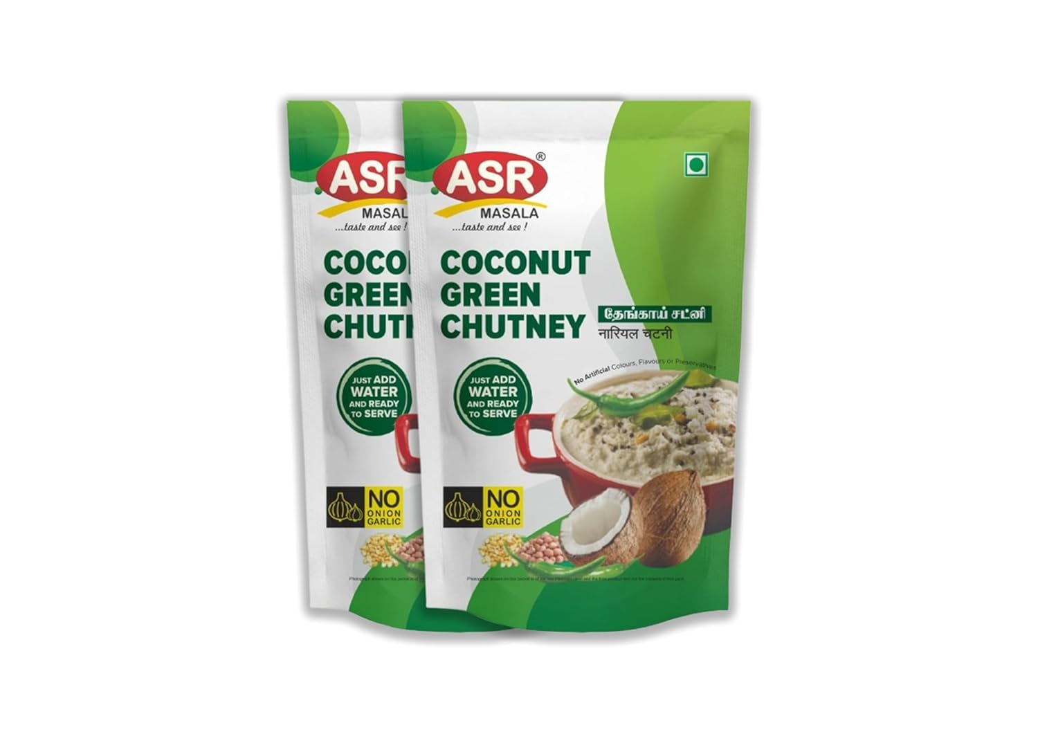 Coconut Green Chutney | Ready To Serve | Just Add Water & No Onion No Garlic | South Indian Style Coconut Chutney For Idli, Dosa & Snacks | 90gm Each, (Pack of 2)
